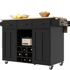 Îlot de Cuisine Mobile - desserte avec Plan de Travail et Porte-Serviettes - MDF - Noir - 124x40-65x91,5 cm