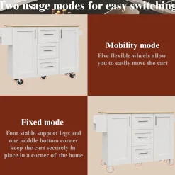 Îlot de Cuisine Mobile - desserte avec Plan de Travail et Séparateurs Amovibles - MDF + Métal - Blanc - 135x46x86,9 cm