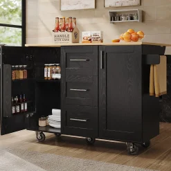 Îlot de Cuisine Mobile - desserte avec Plan de Travail et Séparateurs Amovibles - MDF + Métal - Noir - 135x46x86,9 cm