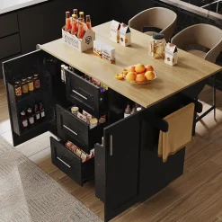 Îlot de Cuisine Mobile - desserte avec Plan de Travail et Séparateurs Amovibles - MDF + Métal - Noir - 135x46x86,9 cm