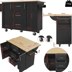 Îlot de Cuisine Mobile - desserte avec Plan de Travail et Séparateurs Amovibles - MDF + Métal - Noir - 135x46x86,9 cm