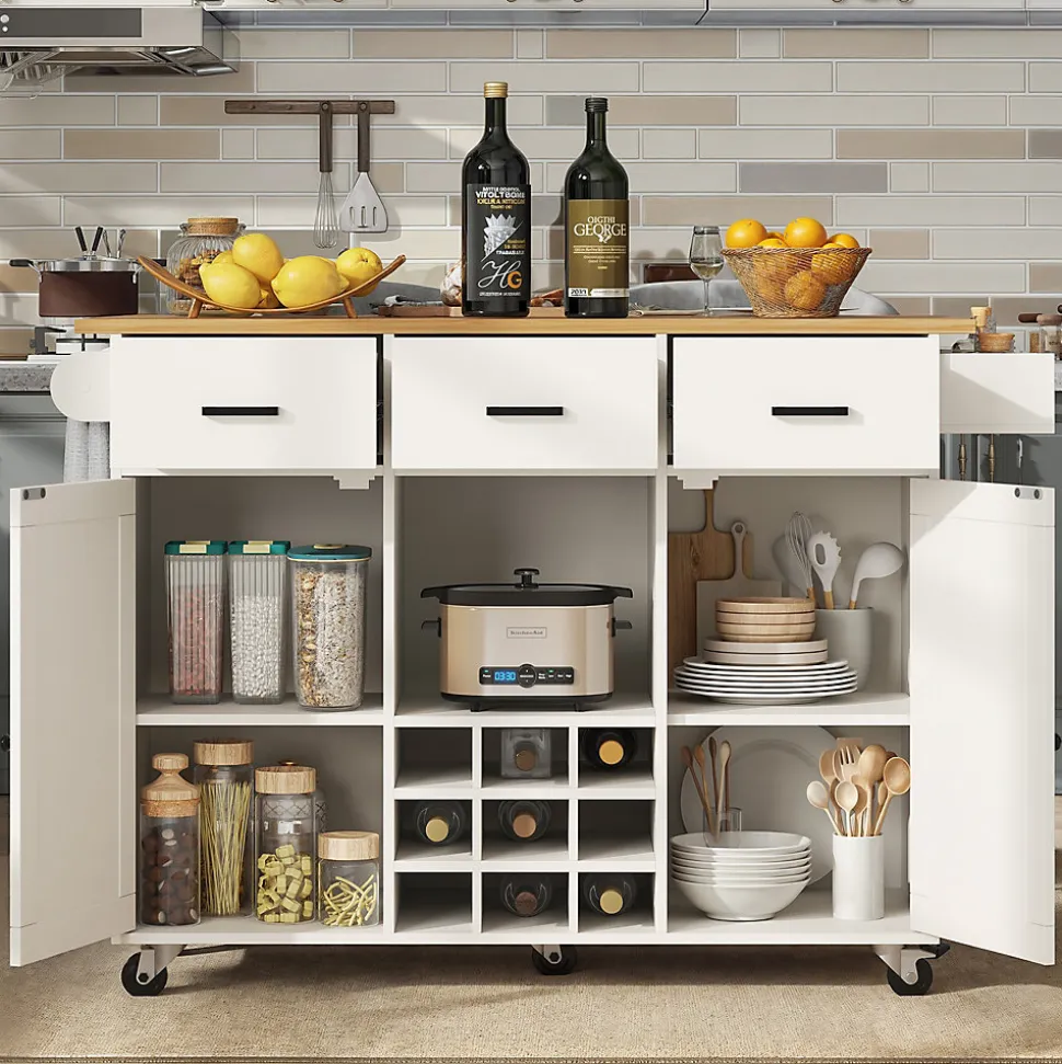 Îlot de Cuisine Mobile - desserte avec Plan de Travail et Porte-Serviettes - MDF - Blanc - 124x40-65x91,5 cm