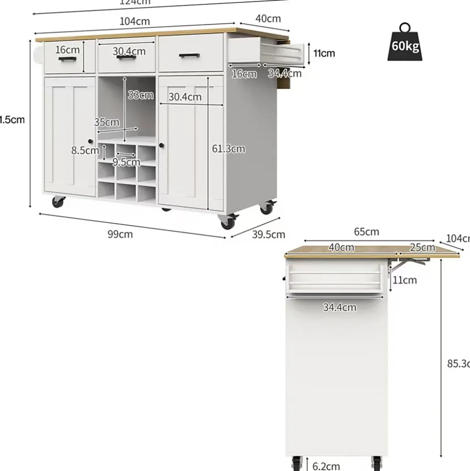 Îlot de Cuisine Mobile - desserte avec Plan de Travail et Porte-Serviettes - MDF - Blanc - 124x40-65x91,5 cm