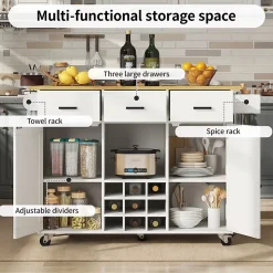 Îlot de Cuisine Mobile - desserte avec Plan de Travail et Porte-Serviettes - MDF - Blanc - 124x40-65x91,5 cm