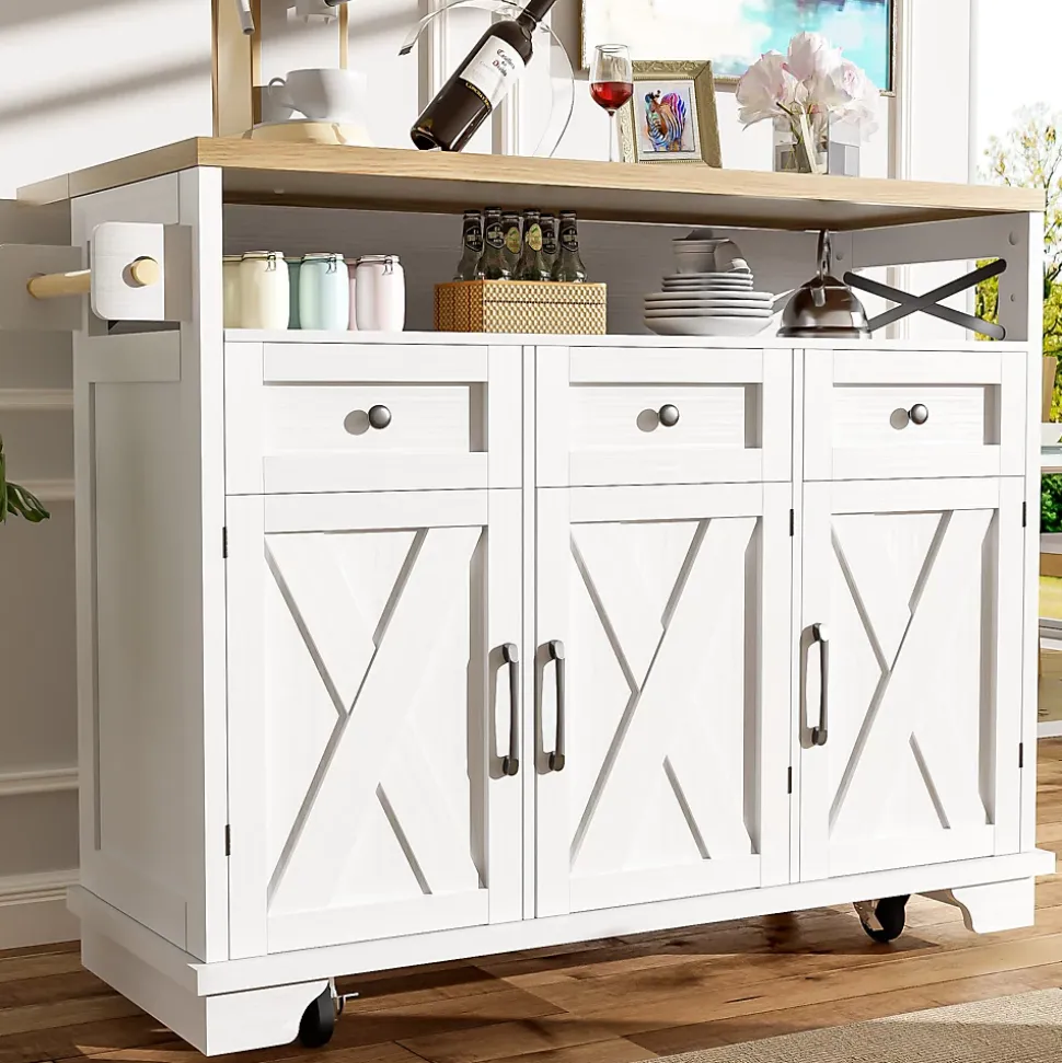 Îlot de Cuisine Mobile - Desserte de Cuisine, Rangement Pratique et Séparateurs Amovibles - MDF et Métal - Blanc - 118x43-80x98 cm