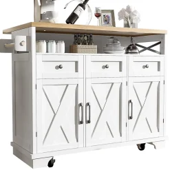 Îlot de Cuisine Mobile - Desserte de Cuisine, Rangement Pratique et Séparateurs Amovibles - MDF et Métal - Blanc - 118x43-80x98 cm