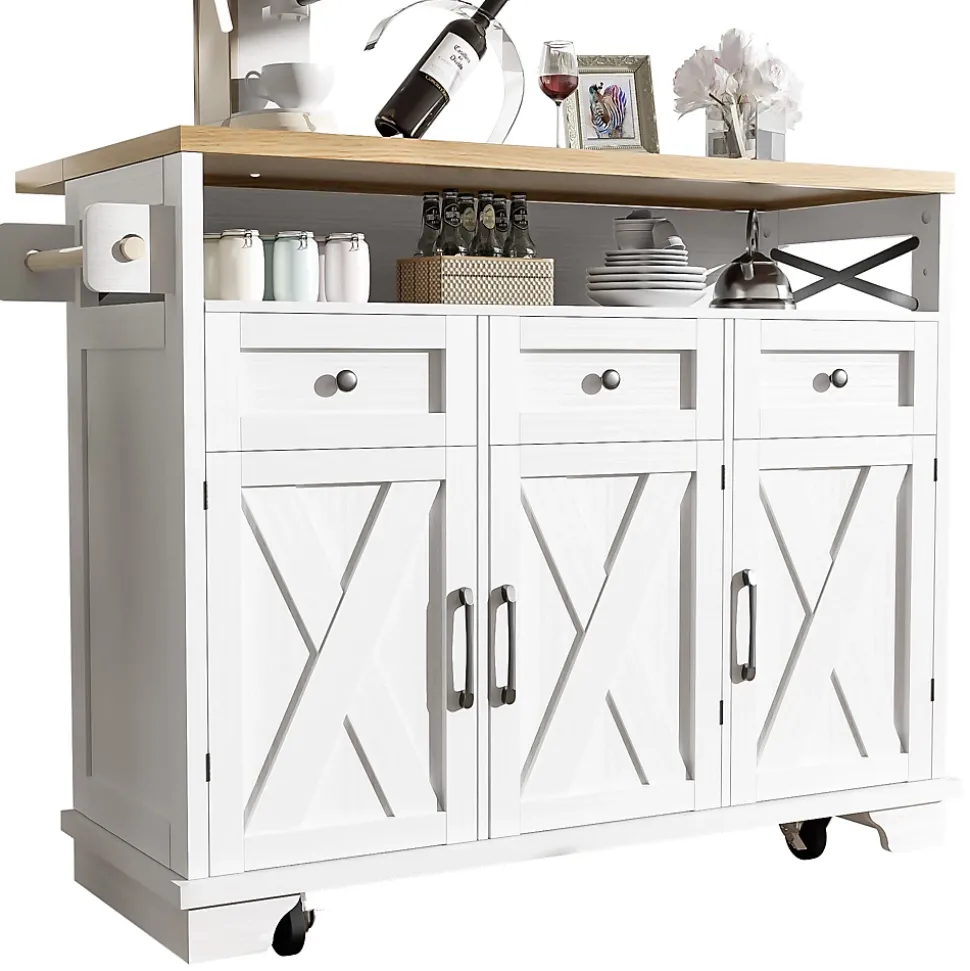 Îlot de Cuisine Mobile - Desserte de Cuisine, Rangement Pratique et Séparateurs Amovibles - MDF et Métal - Blanc - 118x43-80x98 cm