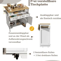 Îlot de Cuisine Mobile - Desserte de Cuisine, Rangement Pratique et Séparateurs Amovibles - MDF et Métal - Blanc - 118x43-80x98 cm
