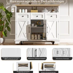 Îlot de Cuisine Mobile - Desserte de Cuisine, Rangement Pratique et Séparateurs Amovibles - MDF et Métal - Blanc - 118x43-80x98 cm