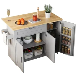 Îlot de Cuisine Mobile - Meuble de Rangement avec 3 Portes et 1 Tiroir, Plan de Travail Chêne - Gris, 132.5x44x90 cm