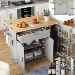 Îlot de Cuisine Mobile - Meuble de Rangement avec 3 Portes et 1 Tiroir, Plan de Travail Chêne - Gris, 132.5x44x90 cm