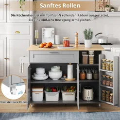 Îlot de Cuisine Mobile - Meuble de Rangement avec 3 Portes et 1 Tiroir, Plan de Travail Chêne - Gris, 132.5x44x90 cm