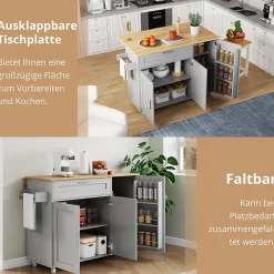 Îlot de Cuisine Mobile - Meuble de Rangement avec 3 Portes et 1 Tiroir, Plan de Travail Chêne - Gris, 132.5x44x90 cm