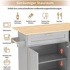 Îlot de Cuisine Mobile - Meuble de Rangement avec 3 Portes et 1 Tiroir, Plan de Travail Chêne - Gris, 132.5x44x90 cm