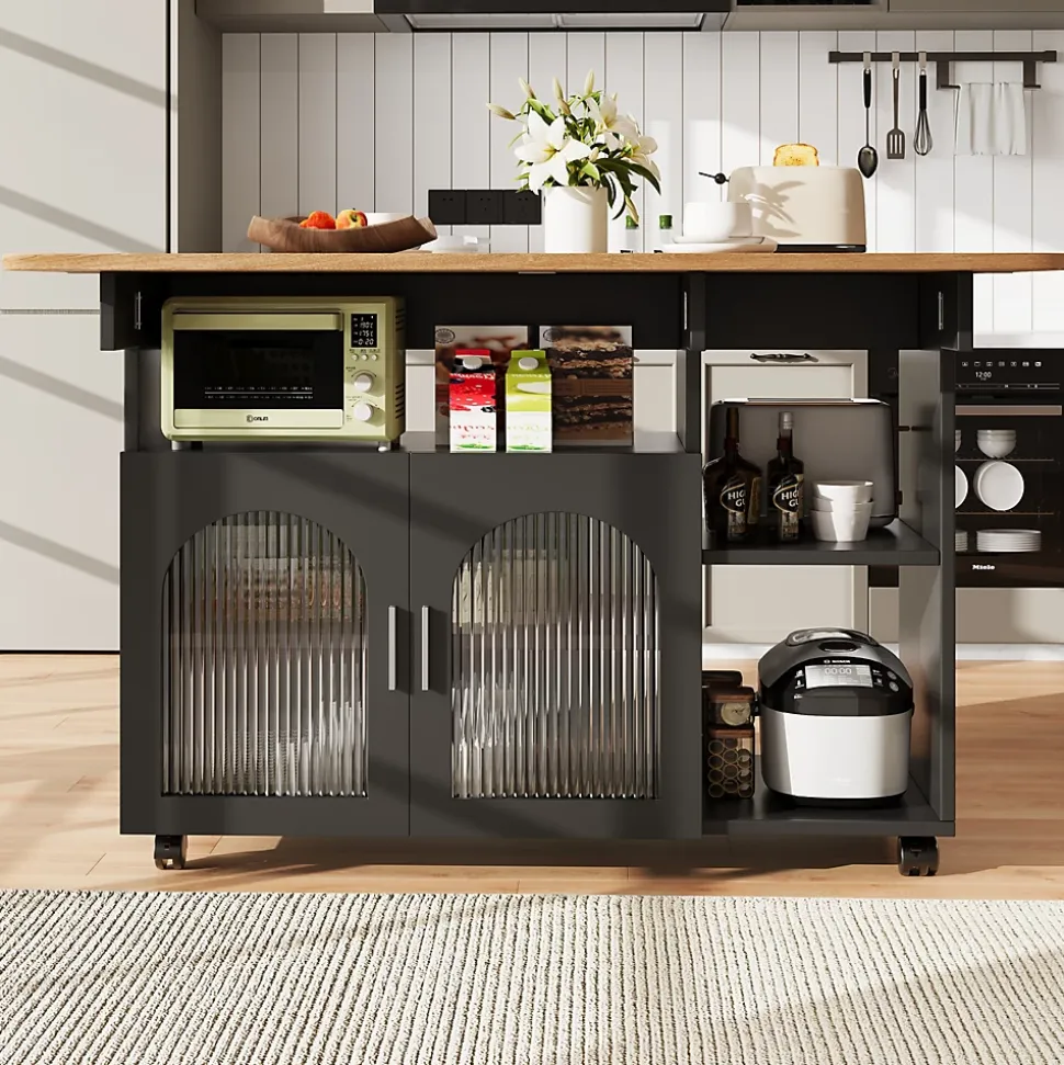Îlot de Cuisine Mobile avec Roulettes, Plan Effet Bois et Rangement Multifonction - MDF, Métal et Verre - Noir 120x30-70x79,5 cm