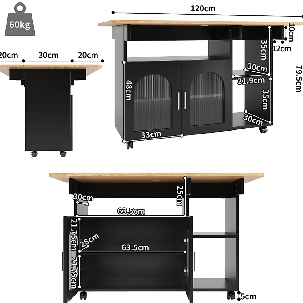 Îlot de Cuisine Mobile avec Roulettes, Plan Effet Bois et Rangement Multifonction - MDF, Métal et Verre - Noir 120x30-70x79,5 cm