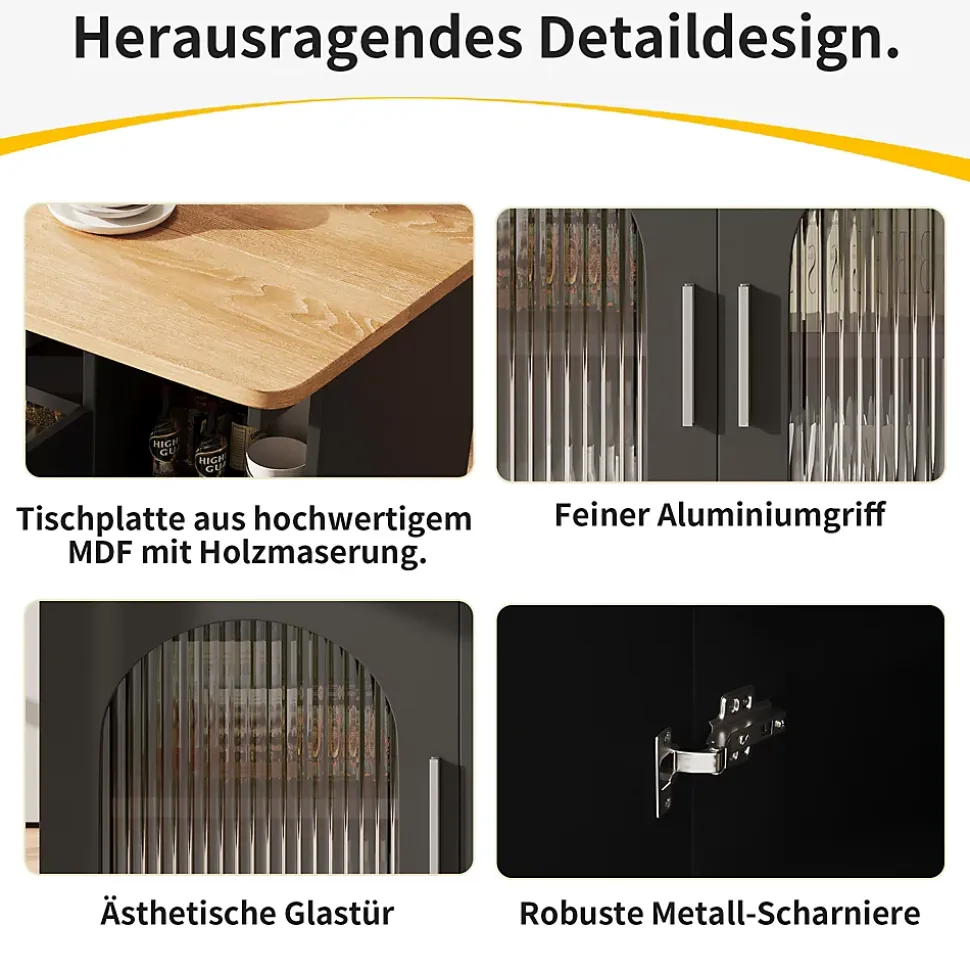 Îlot de Cuisine Mobile avec Roulettes, Plan Effet Bois et Rangement Multifonction - MDF, Métal et Verre - Noir 120x30-70x79,5 cm