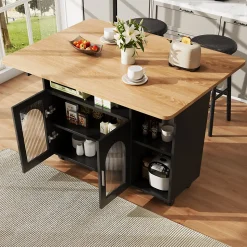 Îlot de Cuisine Mobile avec Roulettes, Plan Effet Bois et Rangement Multifonction - MDF, Métal et Verre - Noir 120x30-70x79,5 cm