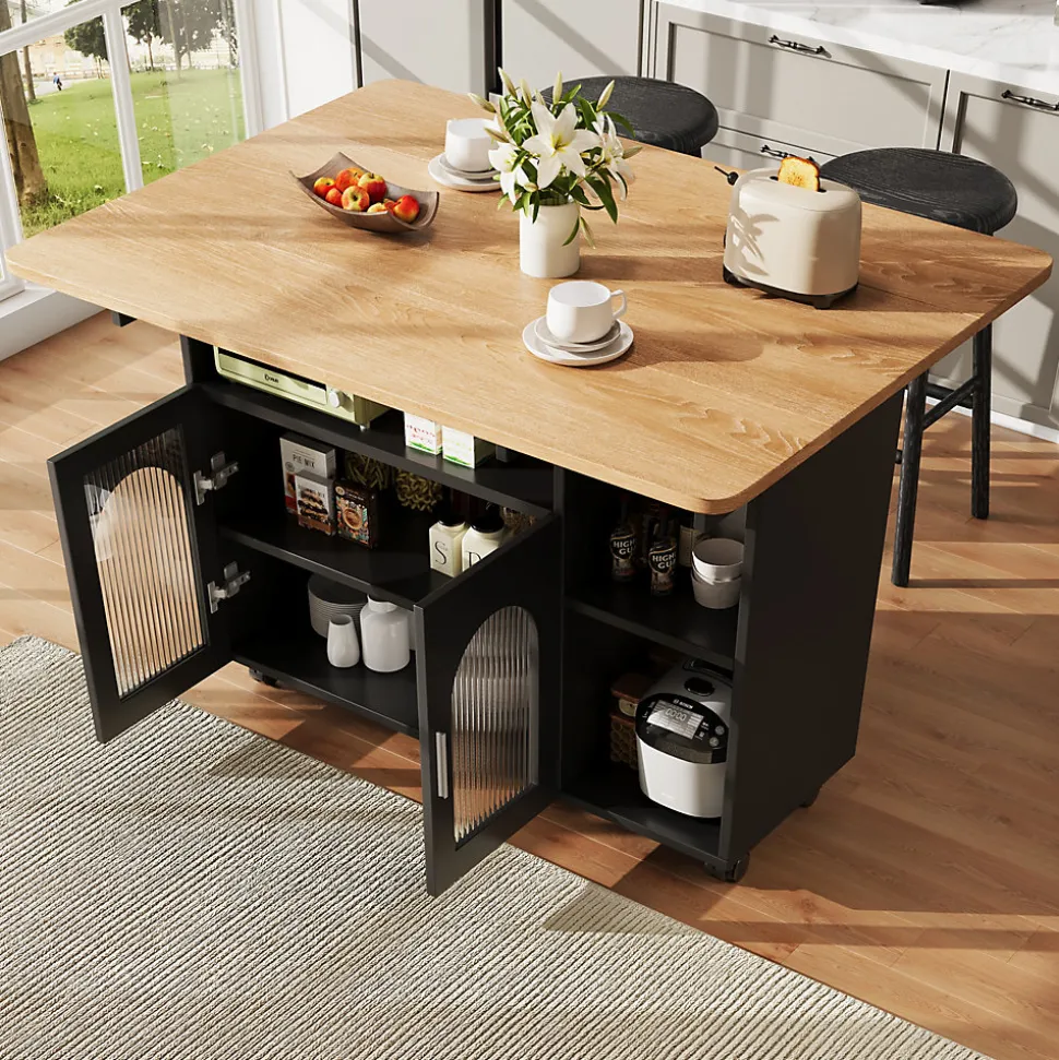 Îlot de Cuisine Mobile avec Roulettes, Plan Effet Bois et Rangement Multifonction - MDF, Métal et Verre - Noir 120x30-70x79,5 cm