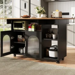 Îlot de Cuisine Mobile avec Roulettes, Plan Effet Bois et Rangement Multifonction - MDF, Métal et Verre - Noir 120x30-70x79,5 cm