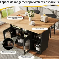 Îlot de Cuisine Mobile avec Roulettes, Plan Effet Bois et Rangement Multifonction - MDF, Métal et Verre - Noir 120x30-70x79,5 cm