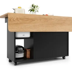 Îlot de Cuisine Mobile avec Roulettes, Plan Effet Bois et Rangement Multifonction - MDF, Métal et Verre - Noir 120x30-70x79,5 cm