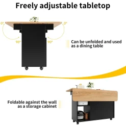 Îlot de Cuisine Mobile avec Roulettes, Plan Effet Bois et Rangement Multifonction - MDF, Métal et Verre - Noir 120x30-70x79,5 cm
