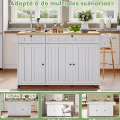 Îlot de Cuisine Mobile avec Table Pliante et Rangements, desserte de Cuisine avec Tiroirs et Portes - Blanc - 137x45-70x89,5 cm