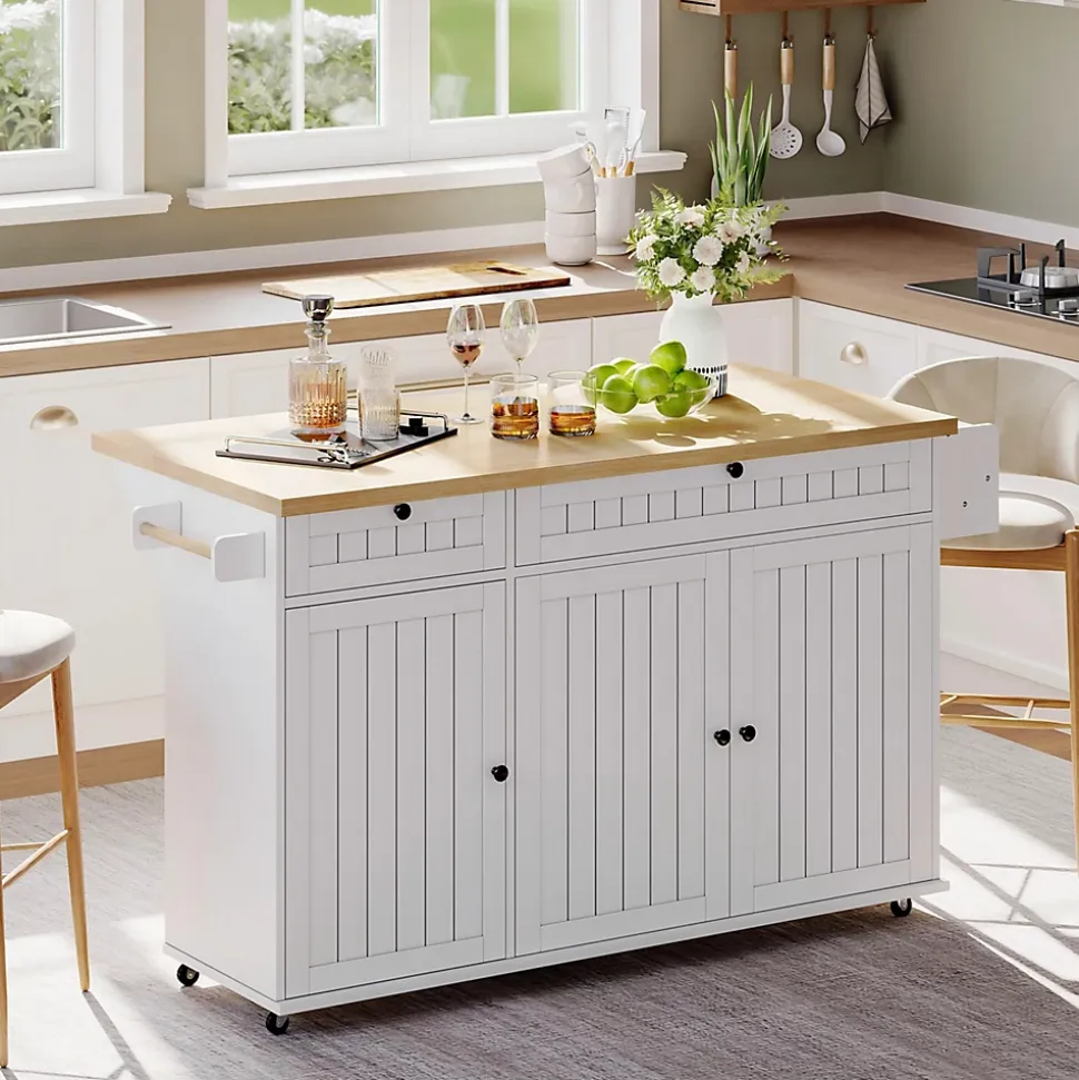 Îlot de Cuisine Mobile avec Table Pliante et Rangements, desserte de Cuisine avec Tiroirs et Portes - Blanc - 137x45-70x89,5 cm