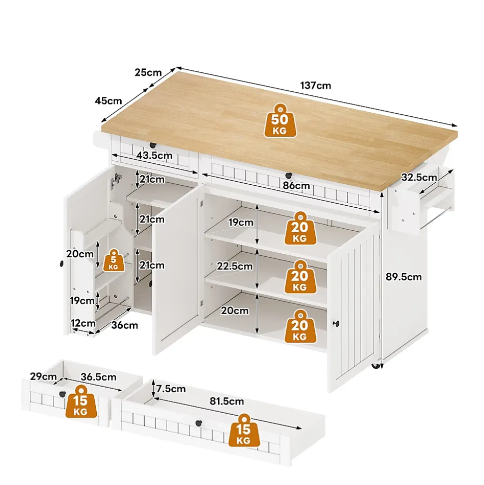 Îlot de Cuisine Mobile avec Table Pliante et Rangements, desserte de Cuisine avec Tiroirs et Portes - Blanc - 137x45-70x89,5 cm
