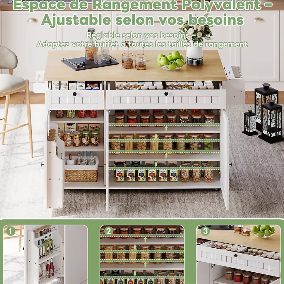 Îlot de Cuisine Mobile avec Table Pliante et Rangements, desserte de Cuisine avec Tiroirs et Portes - Blanc - 137x45-70x89,5 cm