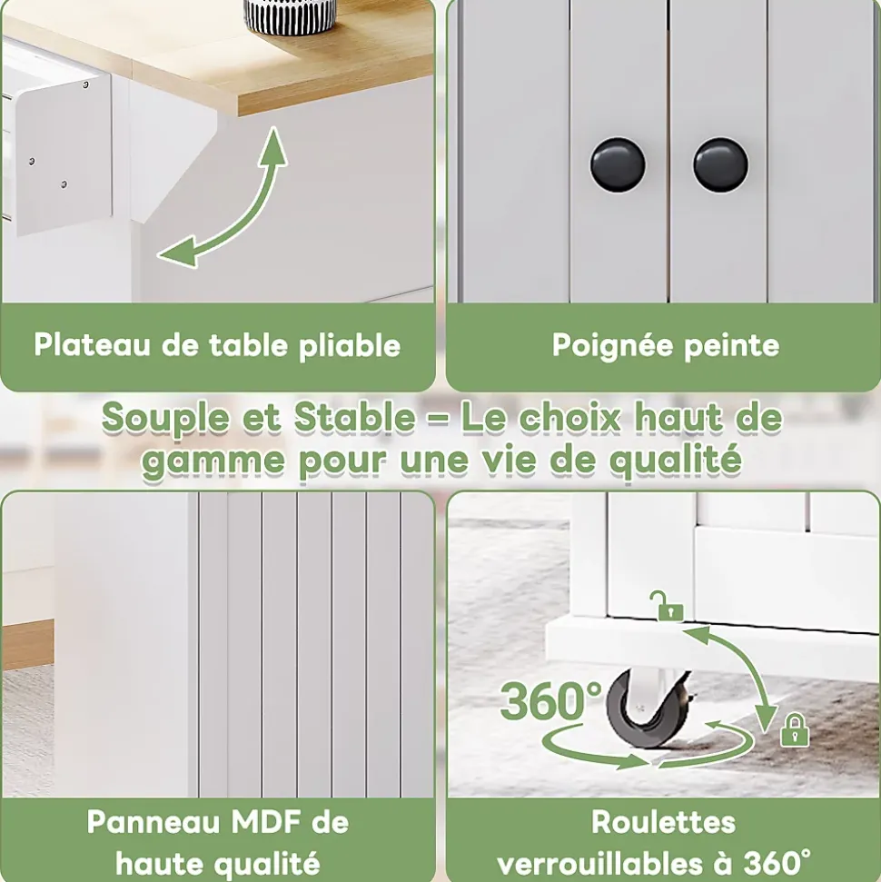Îlot de Cuisine Mobile avec Table Pliante et Rangements, desserte de Cuisine avec Tiroirs et Portes - Blanc - 137x45-70x89,5 cm