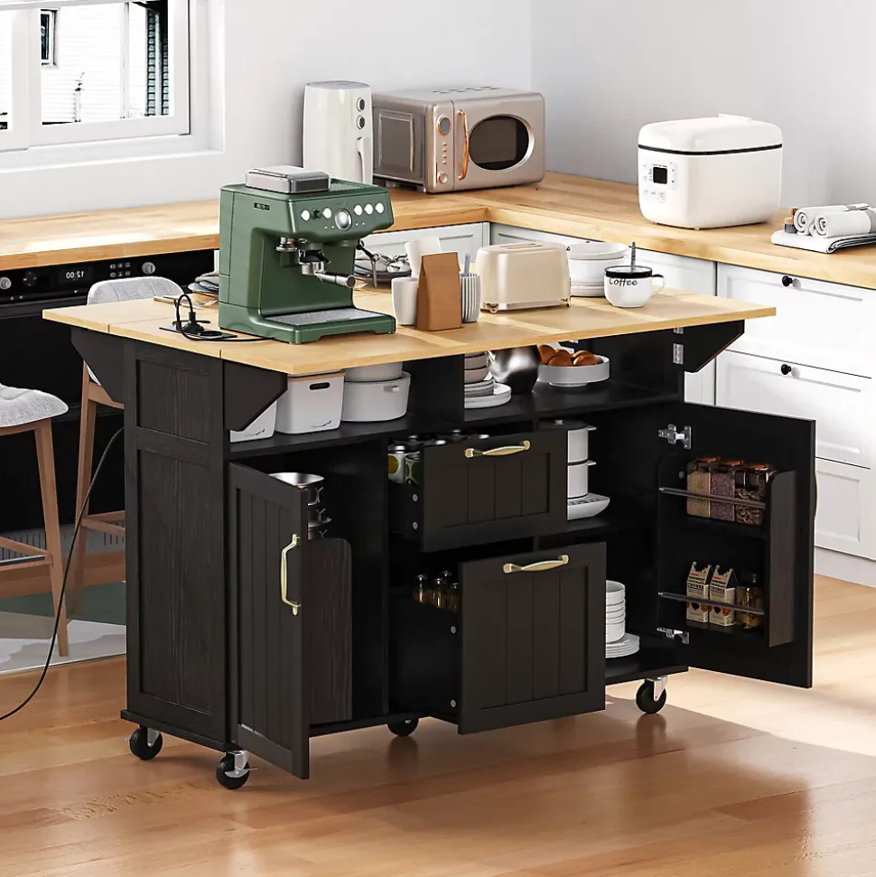 Îlot de Cuisine Mobile avec Table Extensible, Tiroirs, Porte-Serviette et Prise Électrique, Noir + Nature, 120x80x92 cm