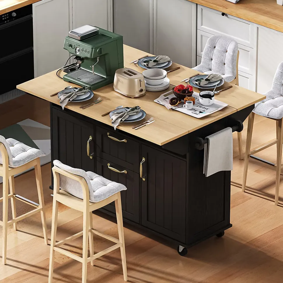 Îlot de Cuisine Mobile avec Table Extensible, Tiroirs, Porte-Serviette et Prise Électrique, Noir + Nature, 120x80x92 cm