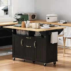 Îlot de Cuisine Mobile avec Table Extensible, Tiroirs, Porte-Serviette et Prise Électrique, Noir + Nature, 120x80x92 cm