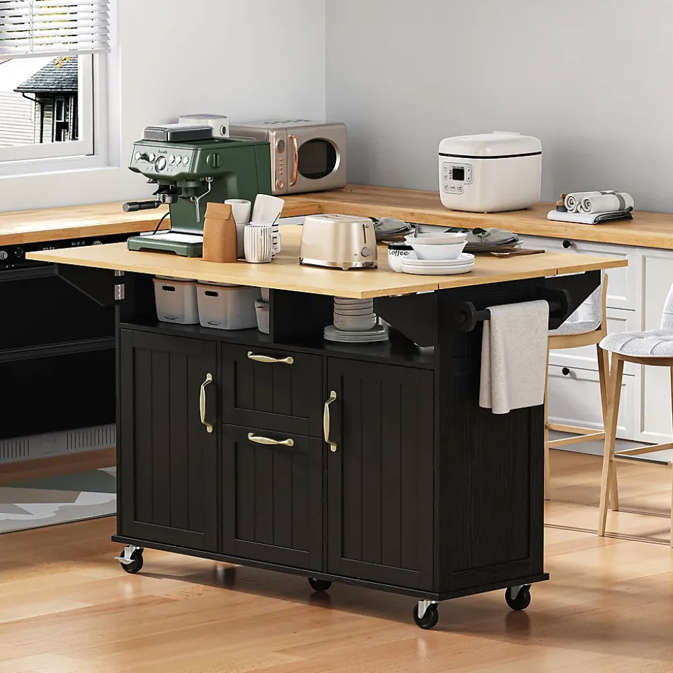 Îlot de Cuisine Mobile avec Table Extensible, Tiroirs, Porte-Serviette et Prise Électrique, Noir + Nature, 120x80x92 cm