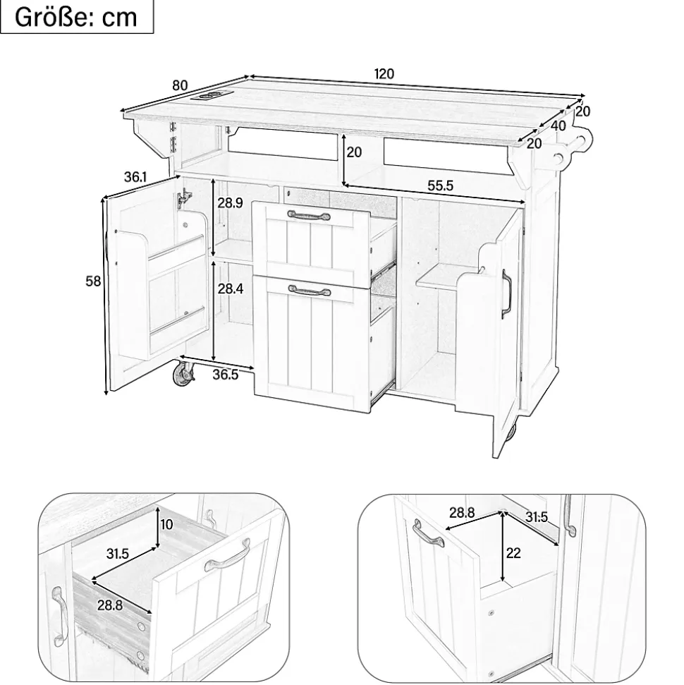 Îlot de Cuisine Mobile avec Table Extensible, Tiroirs, Porte-Serviette et Prise Électrique, Noir + Nature, 120x80x92 cm