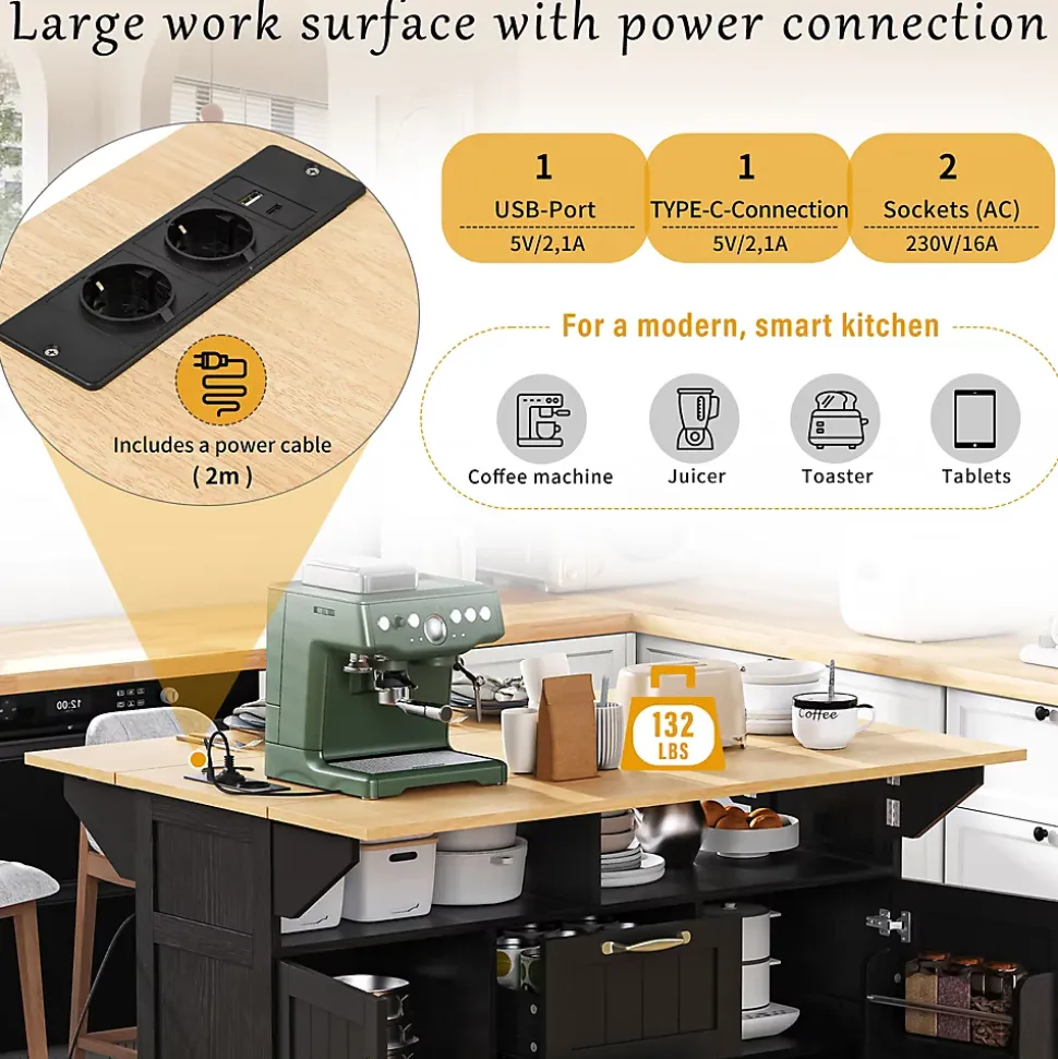 Îlot de Cuisine Mobile avec Table Extensible, Tiroirs, Porte-Serviette et Prise Électrique, Noir + Nature, 120x80x92 cm