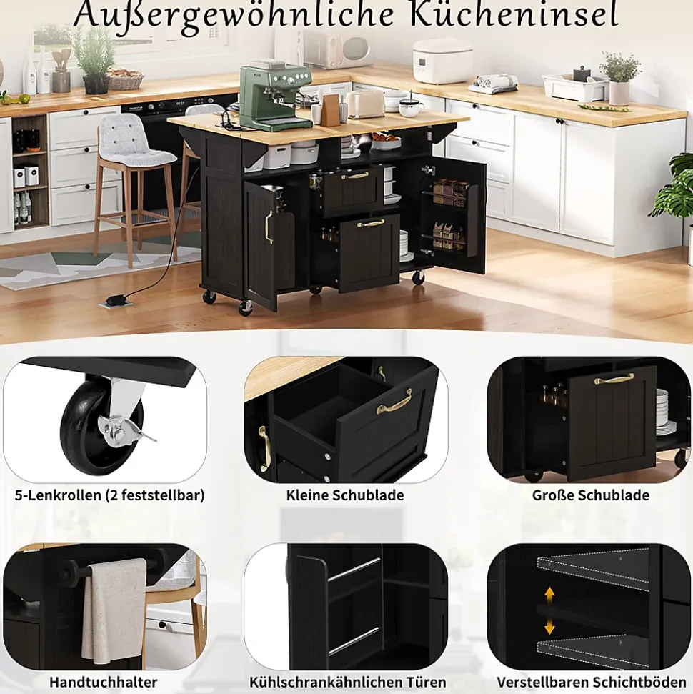 Îlot de Cuisine Mobile avec Table Extensible, Tiroirs, Porte-Serviette et Prise Électrique, Noir + Nature, 120x80x92 cm