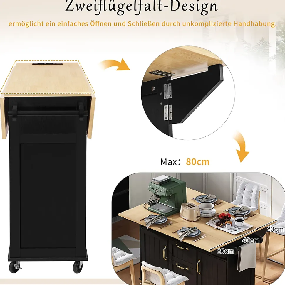 Îlot de Cuisine Mobile avec Table Extensible, Tiroirs, Porte-Serviette et Prise Électrique, Noir + Nature, 120x80x92 cm