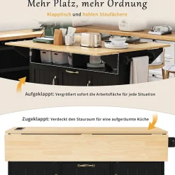Îlot de Cuisine Mobile avec Table Extensible, Tiroirs, Porte-Serviette et Prise Électrique, Noir + Nature, 120x80x92 cm