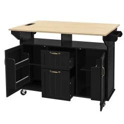 Îlot de Cuisine Mobile avec Table Extensible, Tiroirs, Porte-Serviette et Prise Électrique, Noir + Nature, 120x80x92 cm