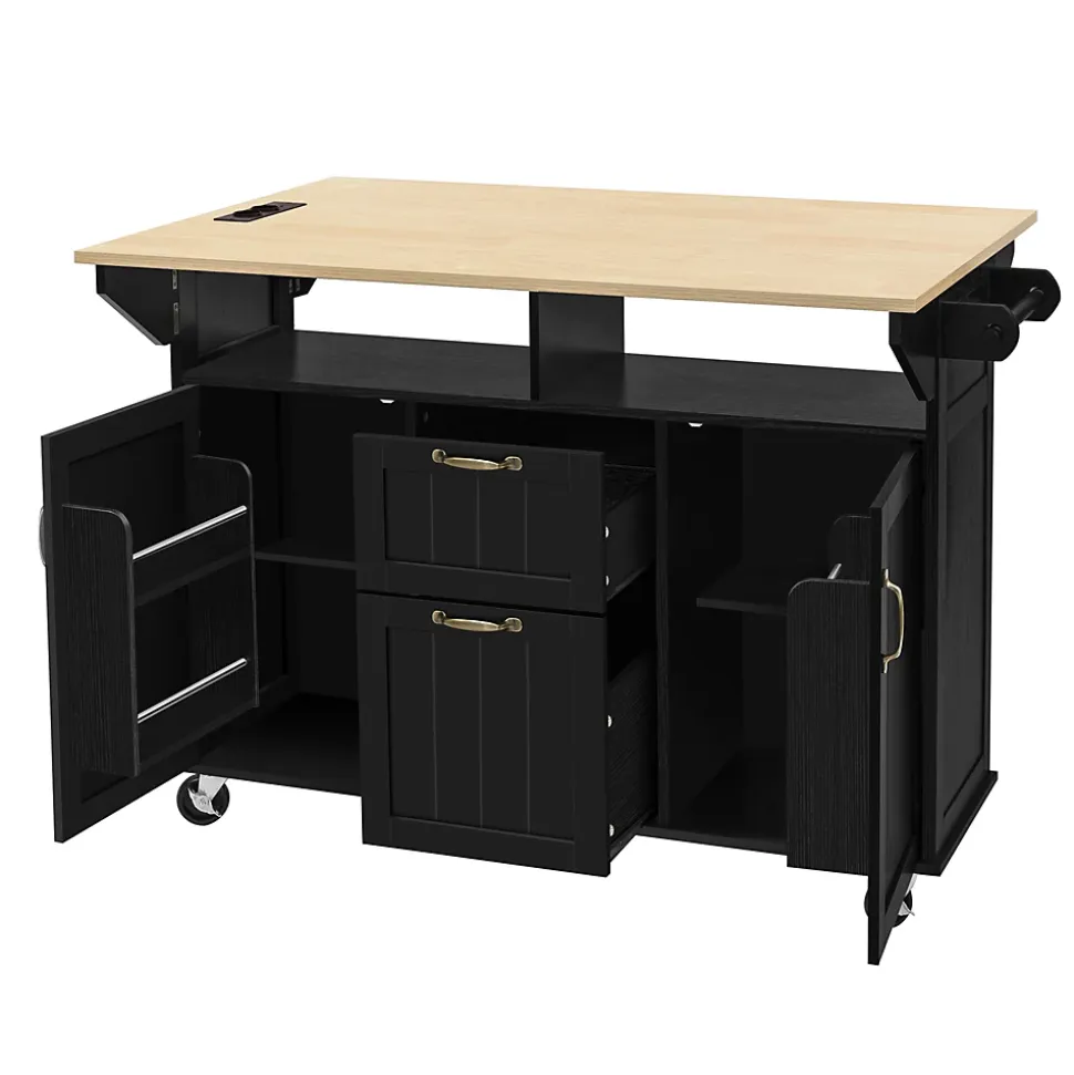 Îlot de Cuisine Mobile avec Table Extensible, Tiroirs, Porte-Serviette et Prise Électrique, Noir + Nature, 120x80x92 cm