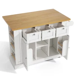 Îlot de Cuisine Mobile avec Table Pliante et Prise Intégrée, desserte avec Tiroir et Étagères - Blanc - 132x40-70x87 cm