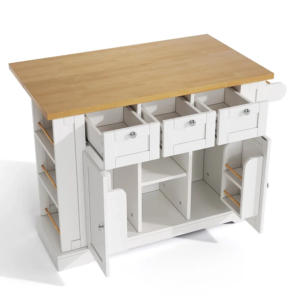 Îlot de Cuisine Mobile avec Table Pliante et Prise Intégrée, desserte avec Tiroir et Étagères - Blanc - 132x40-70x87 cm