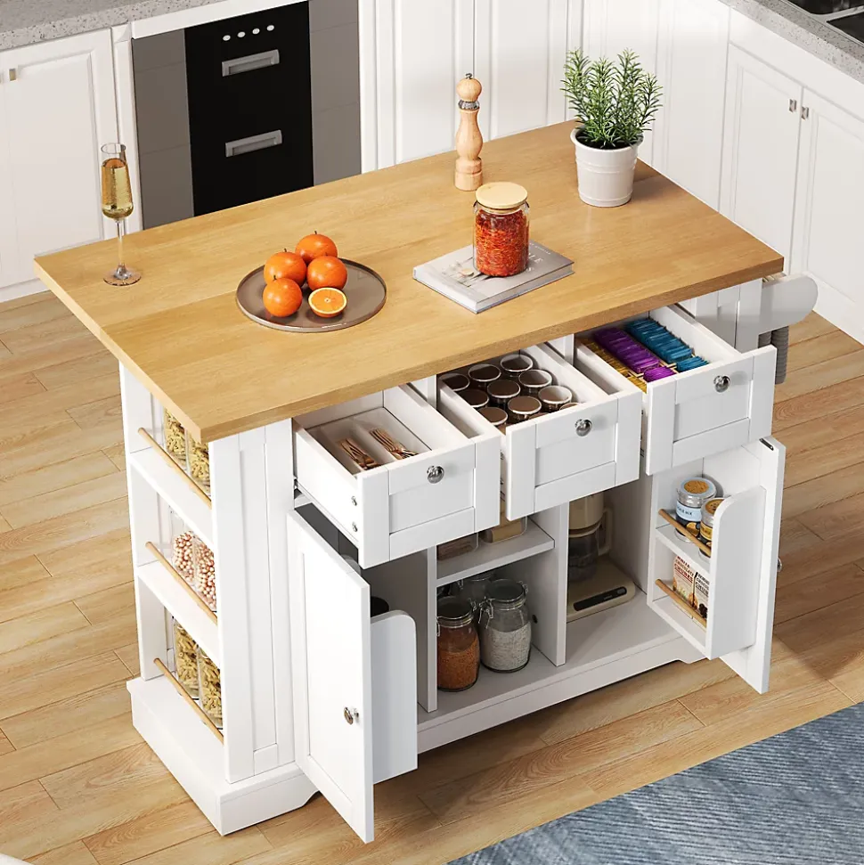 Îlot de Cuisine Mobile avec Table Pliante et Prise Intégrée, desserte avec Tiroir et Étagères - Blanc - 132x40-70x87 cm