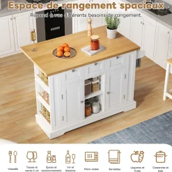Îlot de Cuisine Mobile avec Table Pliante et Prise Intégrée, desserte avec Tiroir et Étagères - Blanc - 132x40-70x87 cm