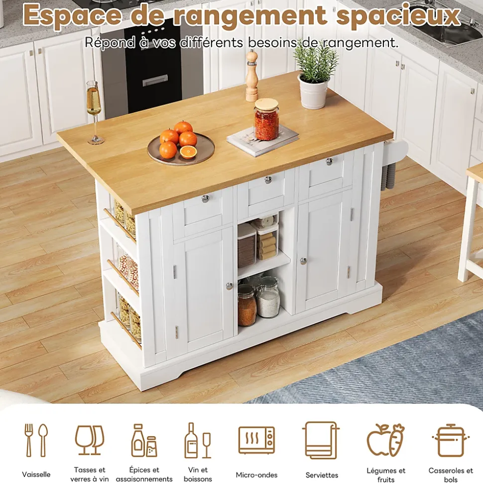 Îlot de Cuisine Mobile avec Table Pliante et Prise Intégrée, desserte avec Tiroir et Étagères - Blanc - 132x40-70x87 cm