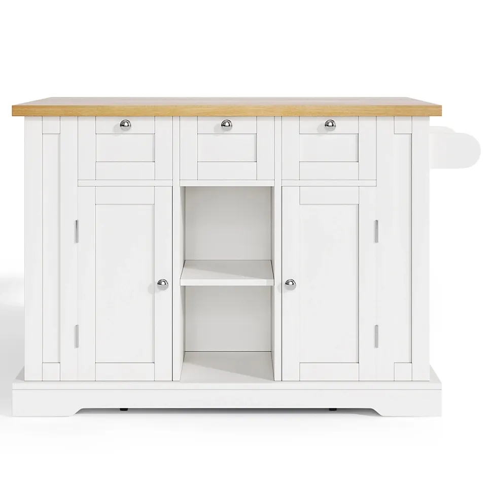 Îlot de Cuisine Mobile avec Table Pliante et Prise Intégrée, desserte avec Tiroir et Étagères - Blanc - 132x40-70x87 cm