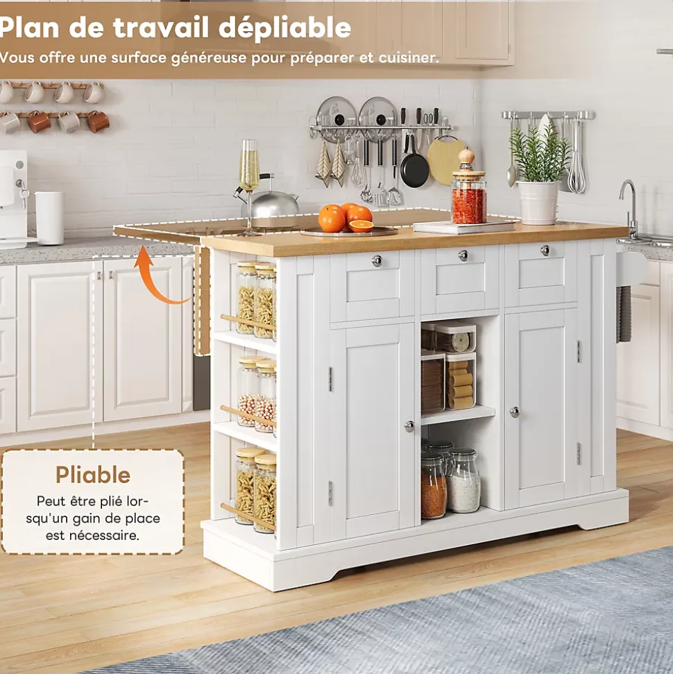 Îlot de Cuisine Mobile avec Table Pliante et Prise Intégrée, desserte avec Tiroir et Étagères - Blanc - 132x40-70x87 cm